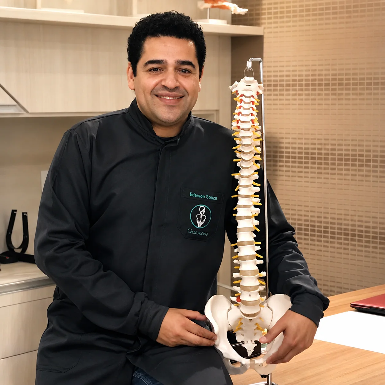 Éderson O. Souza ao lado de um modelo anatômico da coluna na Clínica Quirocare